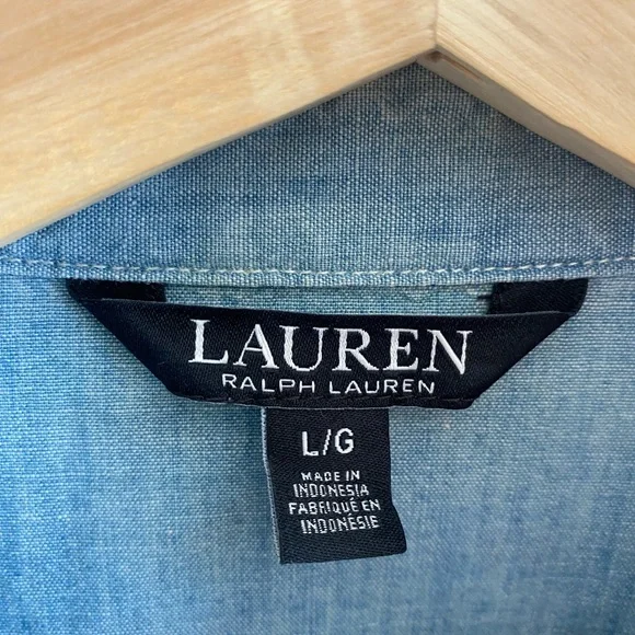Lauren Ralph Lauren Black Label Button Shirt Women L Cotton Blue Ruffle Romantic - Picture 4 of 9